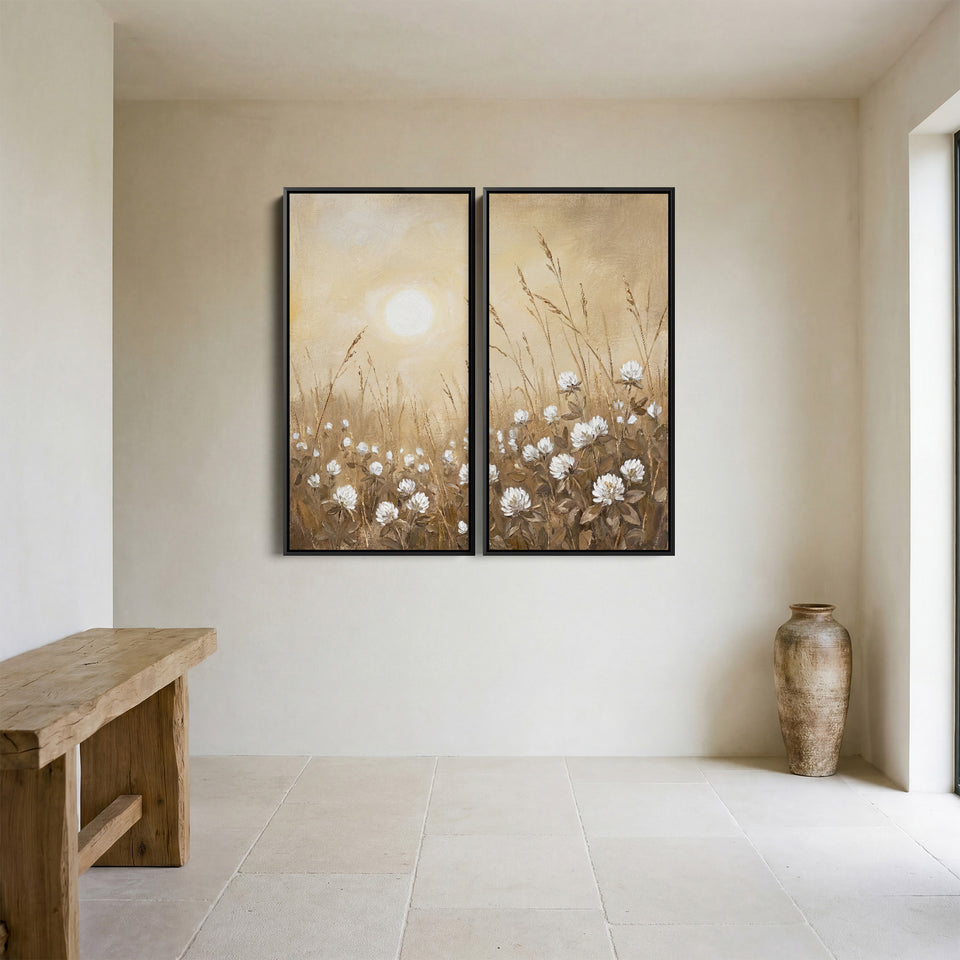 Golden Meadow Two Panel Wall Art Bedroom Wildflower Sunrise