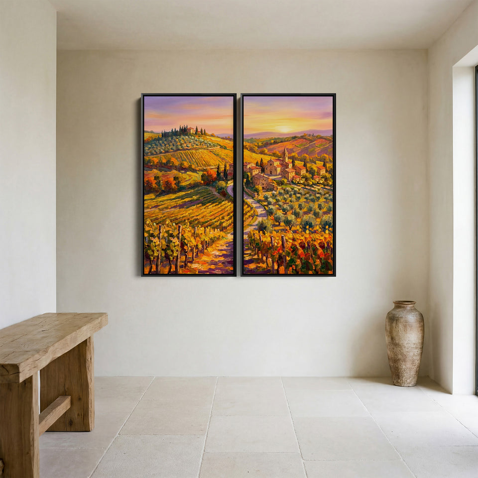 Vertical Diptych Wall Art Quiet Vineyard Village Hallway Landscape