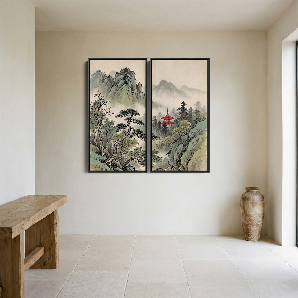 Misty Temple Diptych Wall Art Living Room Japanese Mountains