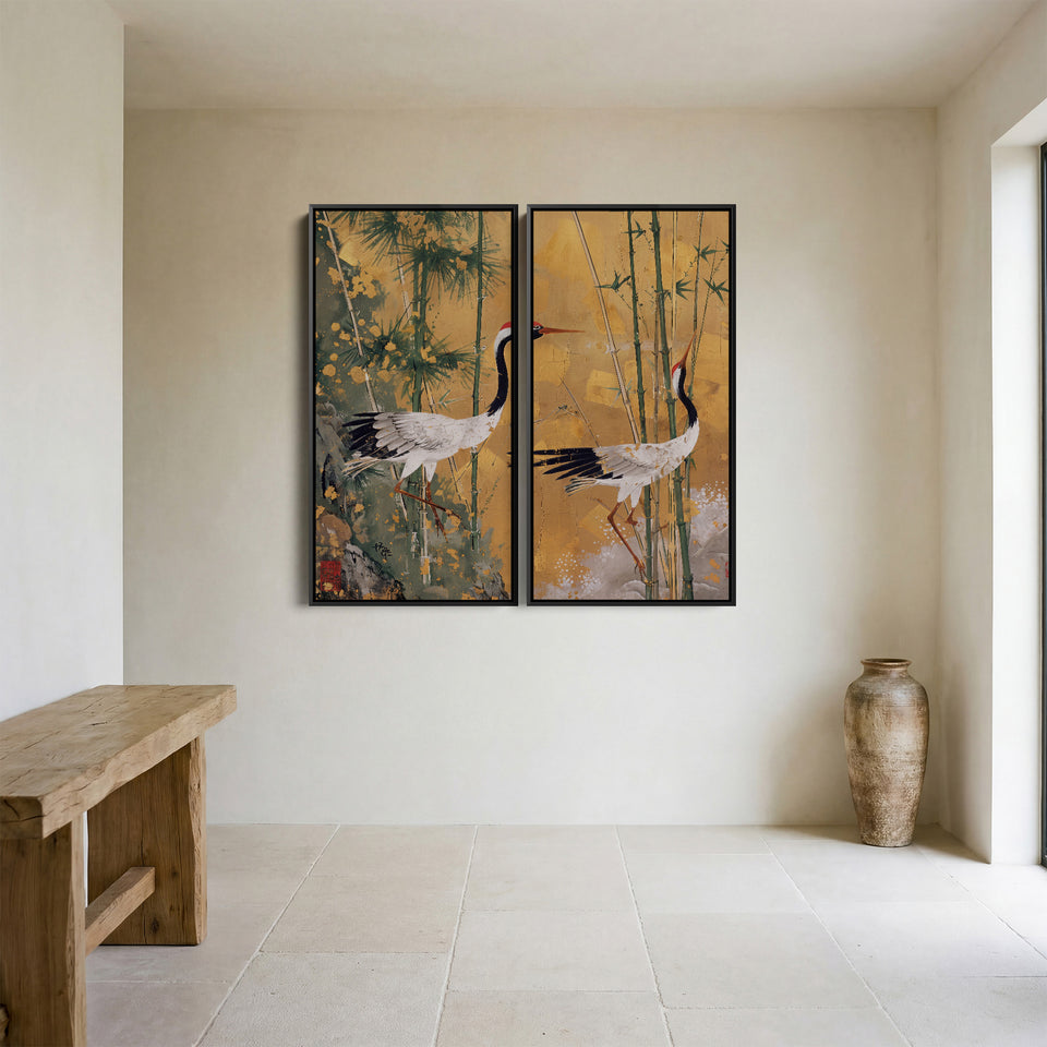 Golden Cranes Oversized Diptych Wall Art Dining Room Bamboo