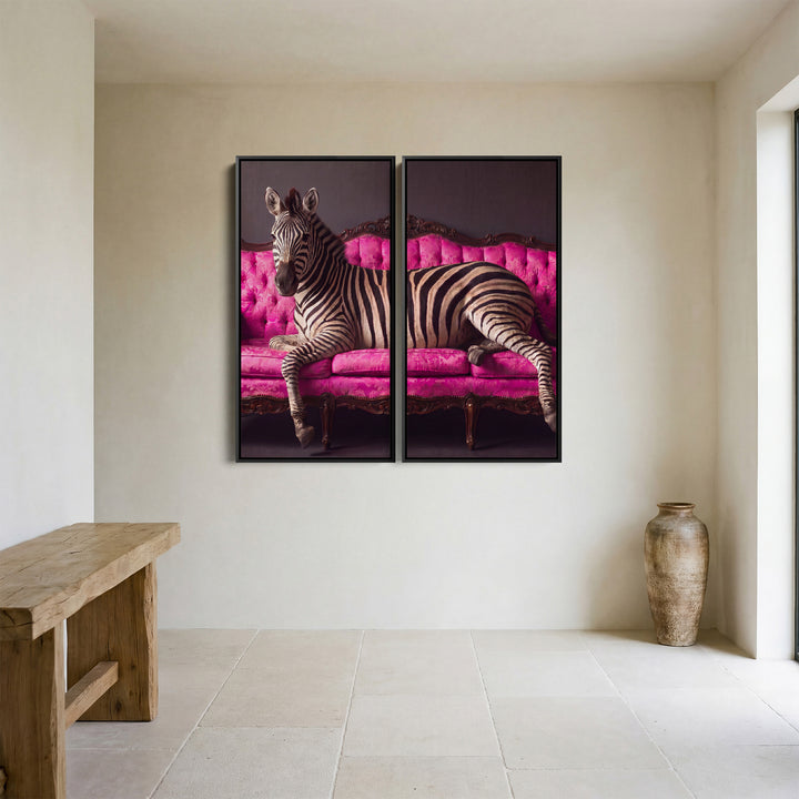 Zebra On Pink Sofa 2 Piece Wall Art Set Living Room