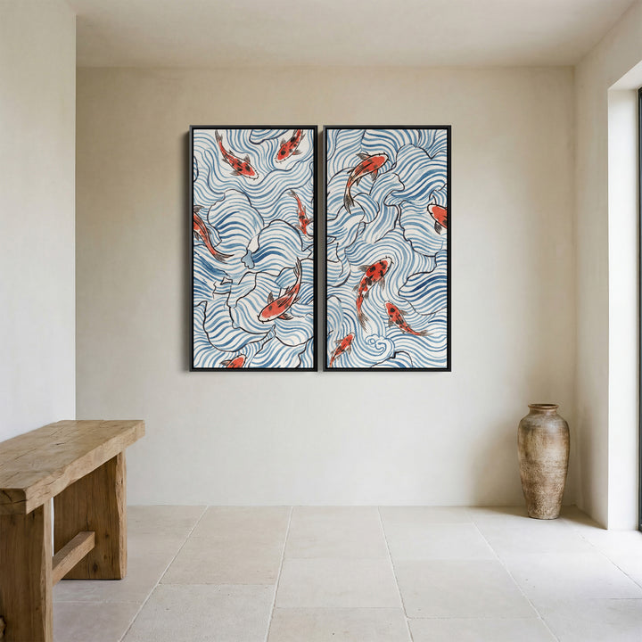 Koi Wave Pattern Large Scale Wall Art Set Living Room