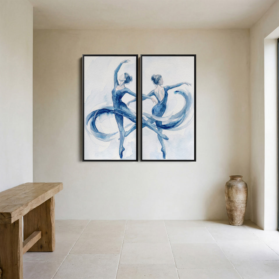 Dancing Ballet Diptych Wall Art Living Room Blue Figures