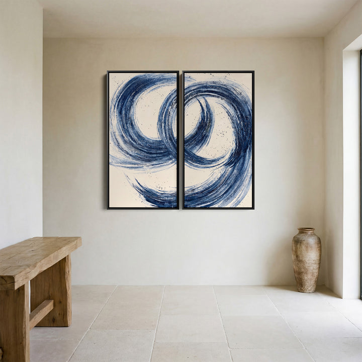 Oversized Diptych Wall Art Abstract Blue Brushstrokes Office