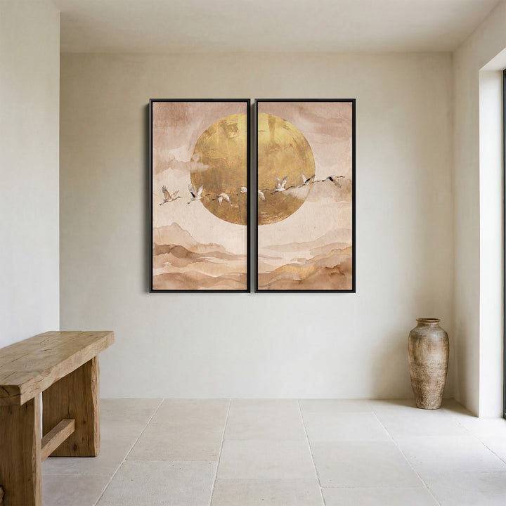 Set Of 2 Wall Art Flying Cranes Dining Room Golden Sun