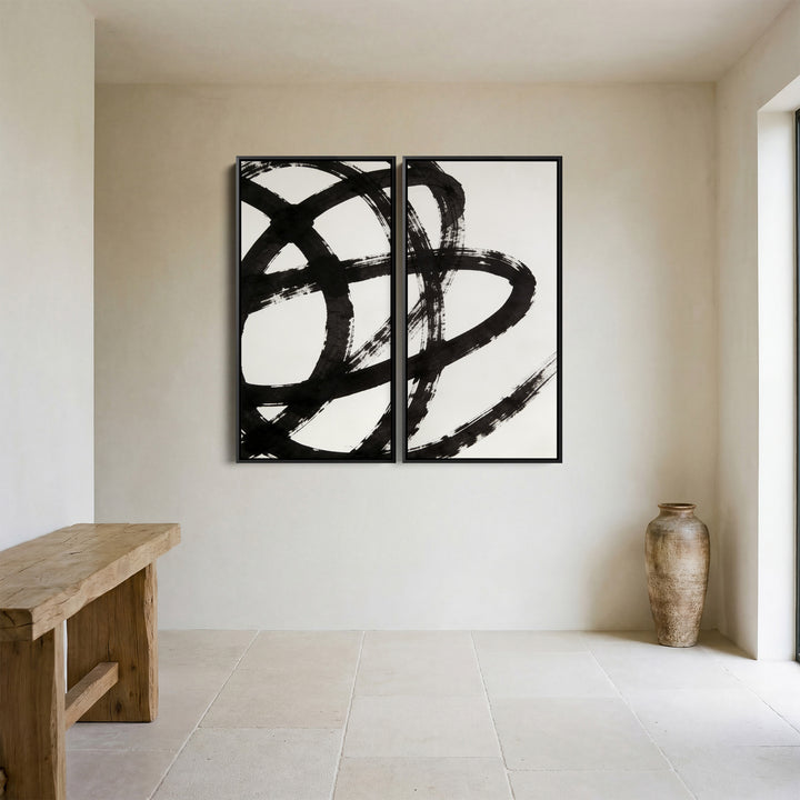 Black Abstract Brushstrokes Large Diptych Wall Art For Hallway