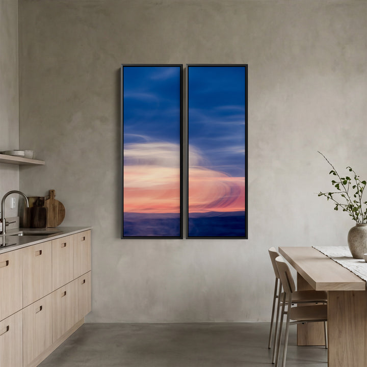 Soft Coastal Horizon Three Panel Wall Art For Dining Room In Blue And Pink