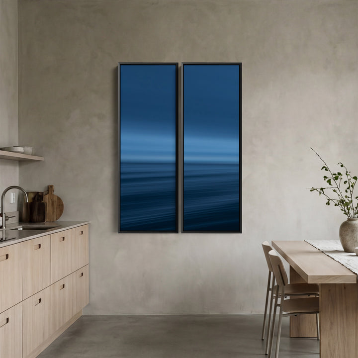 Blue Ocean Horizon Vertical Triptych Wall Art For Kitchen Calm Sea View