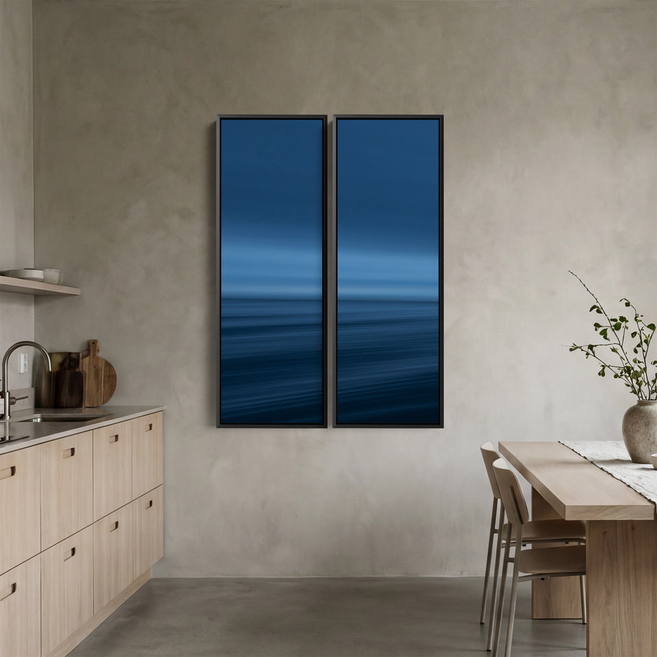 Blue Ocean Horizon Vertical Triptych Wall Art For Kitchen Calm Sea View