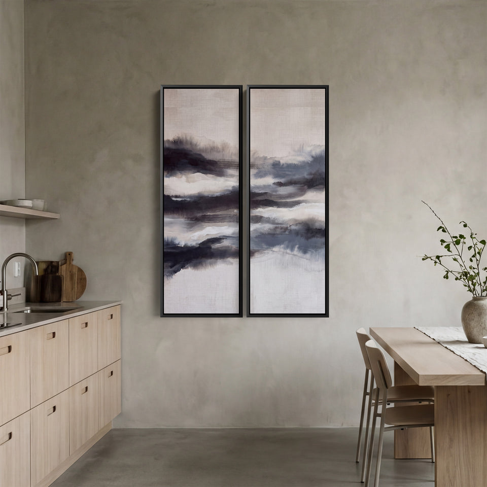 Misty Abstract Diptych Wall Art For Living Room In Black Grey And White