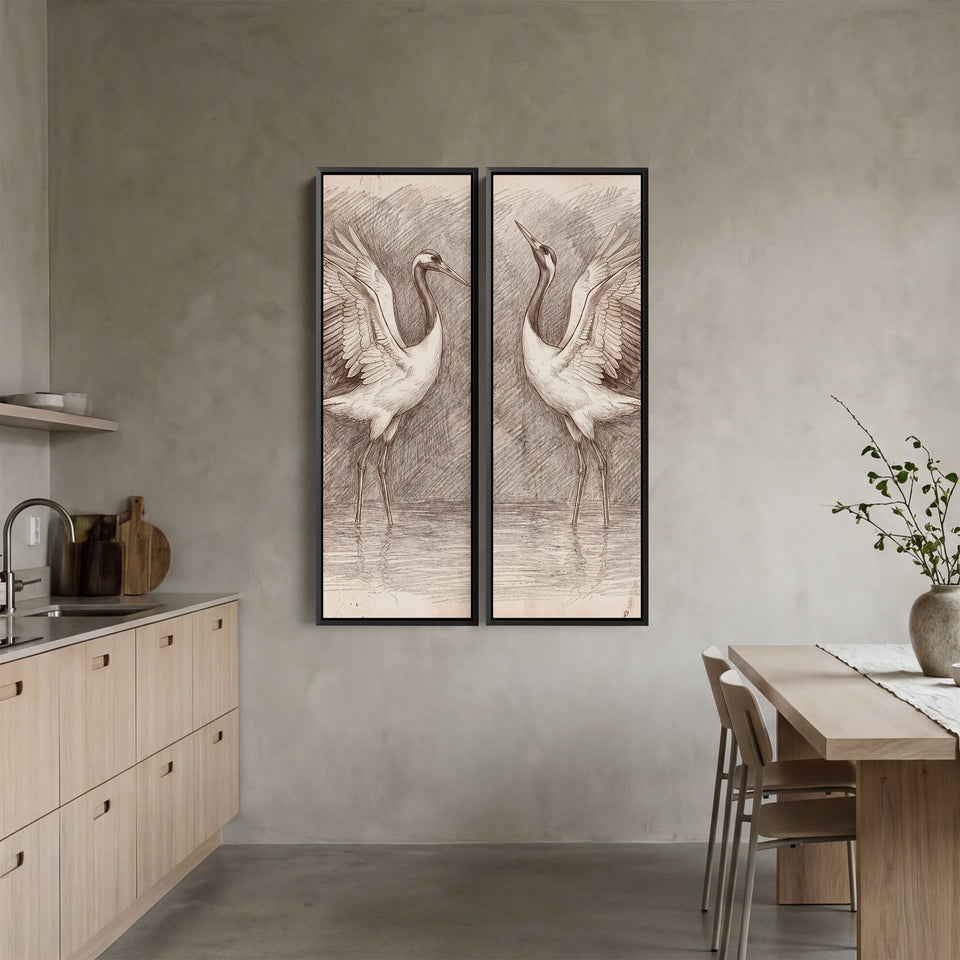 Two Cranes Sketch 2 Piece Wall Art Set In White Brown Grey For Dining Room