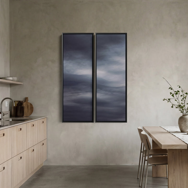 Dark Abstract Storm Clouds Two Panel Wall Art In Grey Black Blue For Office