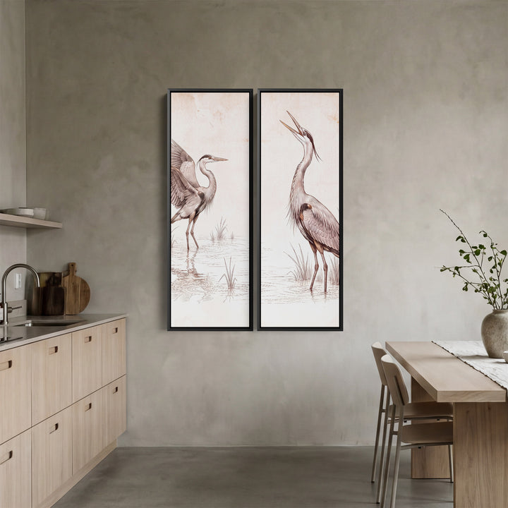 Two Herons In Marsh Vertical Diptych Wall Art For Kitchen In White Brown Grey