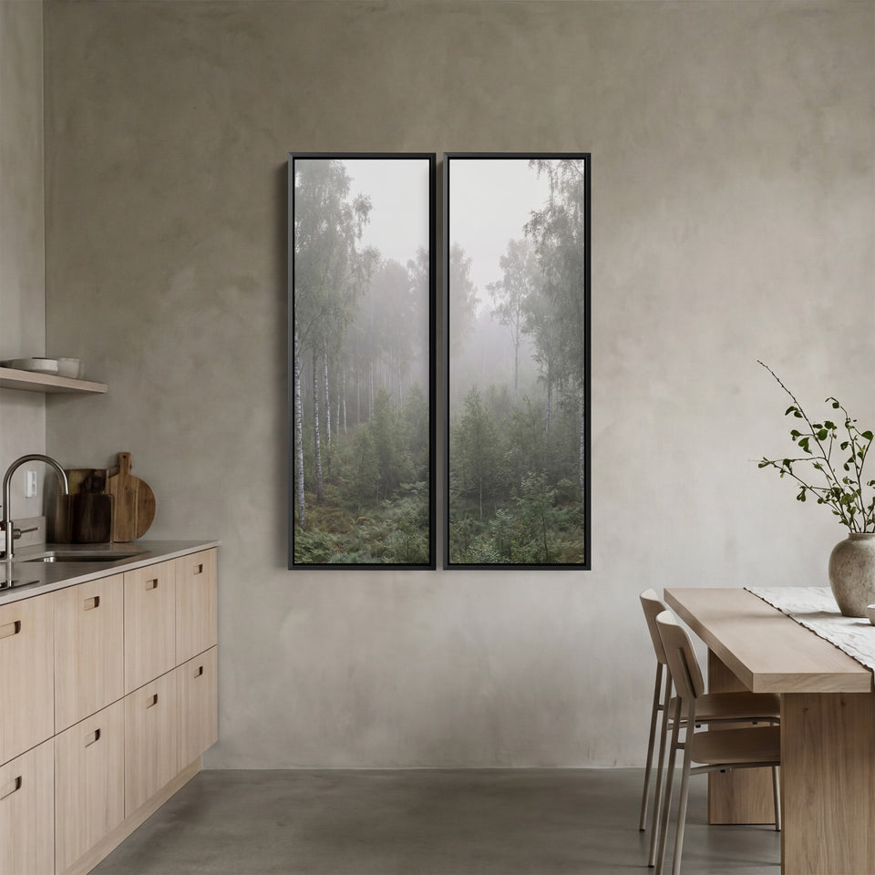Misty Birch Forest Large Diptych Wall Art In Green White Grey For Bedroom