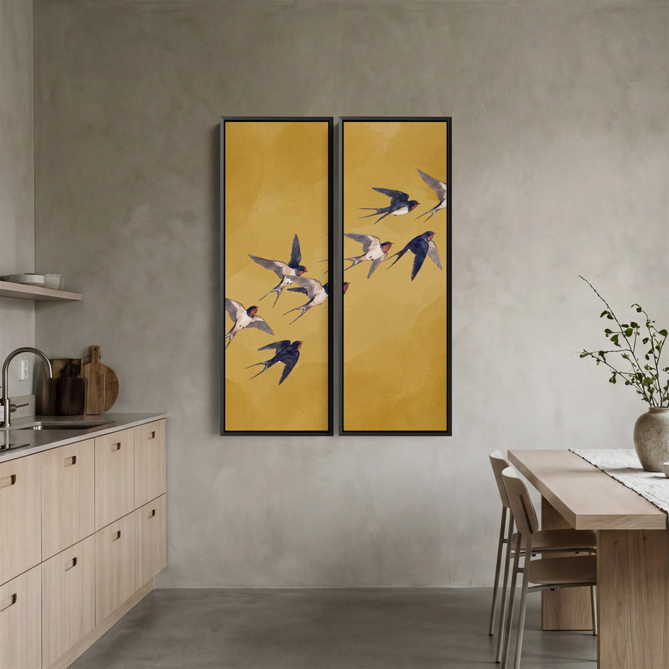 Flying Swallows Oversized Canvas Wall Art Set On Yellow For Hallway