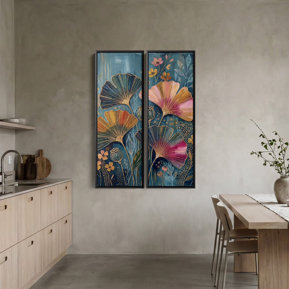 Wall Art Set Of 2 Fan Flowers Outlined In Gold On Deep Blue Dining Room