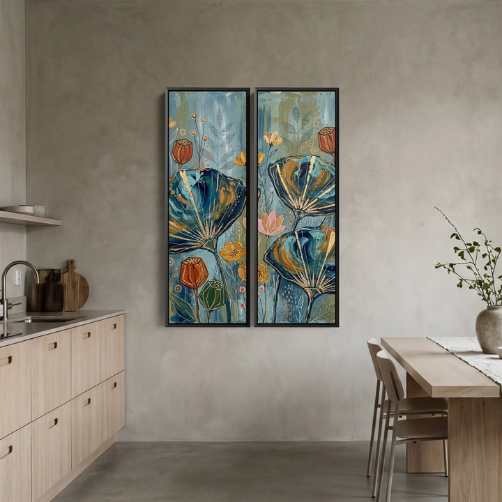 Set van 2 wanddecoraties met groenblauwe klaprozen en oranje zaaddozen, botanisch motief voor de hal