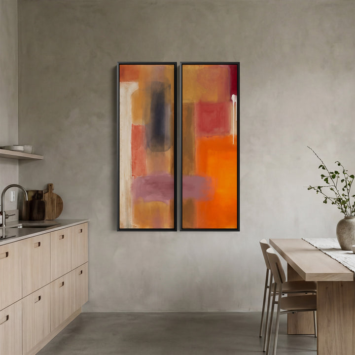 Hoge verticale wanddecoratieset van 2 met rode en gele kleurvlakken, eetkamer