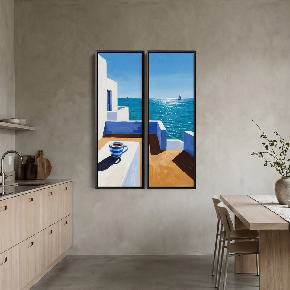 Wall Art Set Of 2 Coffee Cup On A Whitewashed Terrace Kitchen Sea View