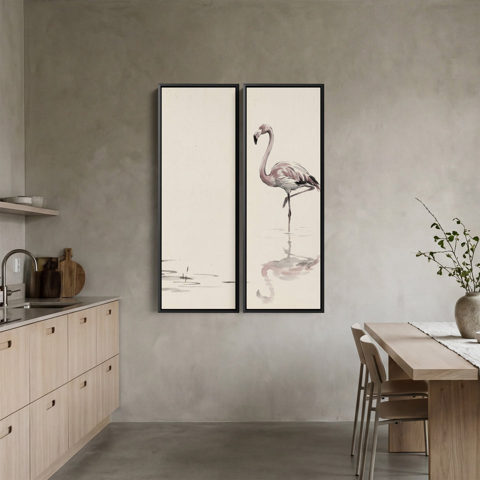 Étude à l’encre représentant un flamant rose dans des eaux peu profondes, ensemble de 2 tableaux muraux verticaux pour couloir