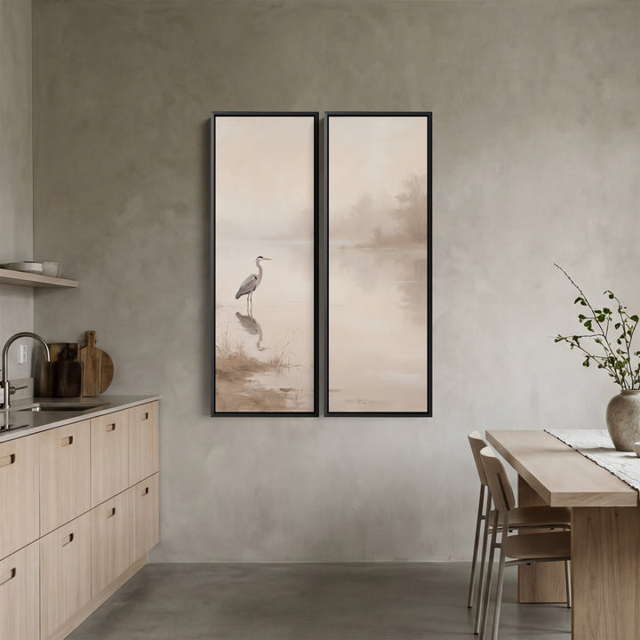 Reiher am Seeufer, 2-teiliges Wandbild, Büro, Braun und Beige, Morgennebel