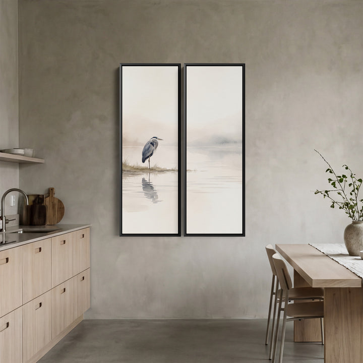 Wall Art Set Of 2 Grey Heron On A Grass Spit Kitchen Watercolour Lake View