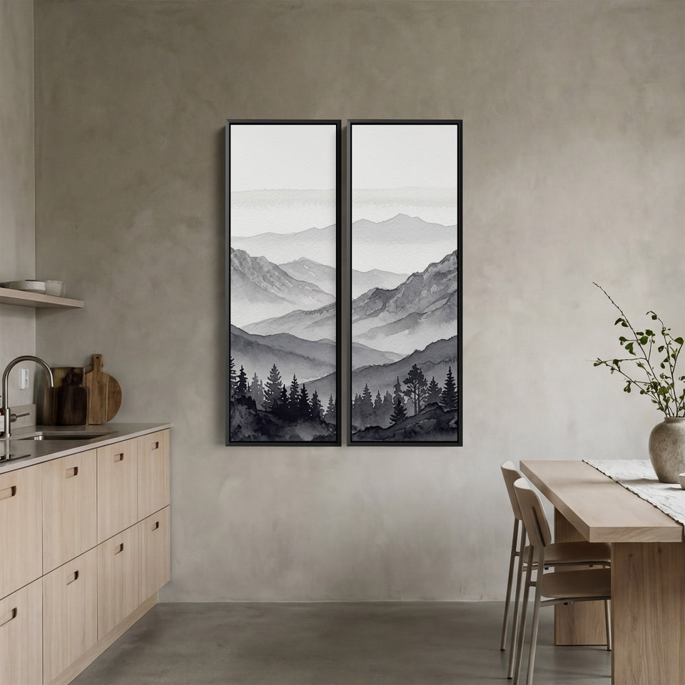 Wanddecoratieset van 2 grijze bergruggen en dennentoppen, woonkamer, monochroom