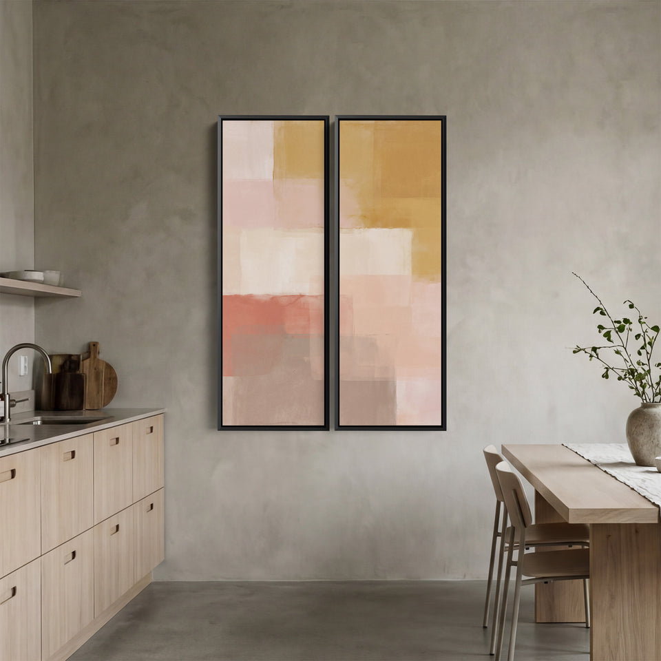 Wanddecoratieset van 2 roze en gele kleurvlakken voor een slaapkamer, krijtachtige uitstraling
