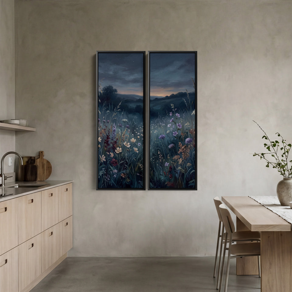Tableau mural en 2 pièces, fleurs sauvages au crépuscule, salon, champ bleu foncé au crépuscule