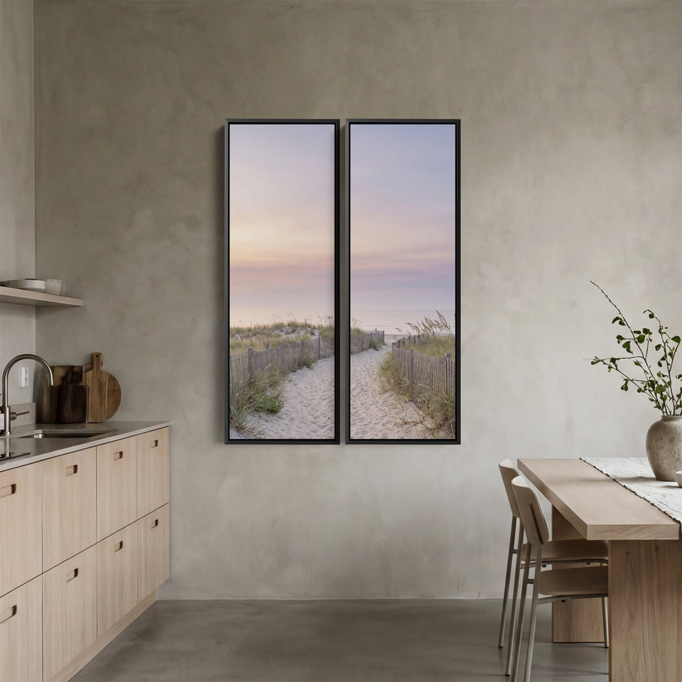 Diptychon-Wandbild mit Sandweg durch Dünenzäune, Schlafzimmer, Himmel bei Sonnenaufgang