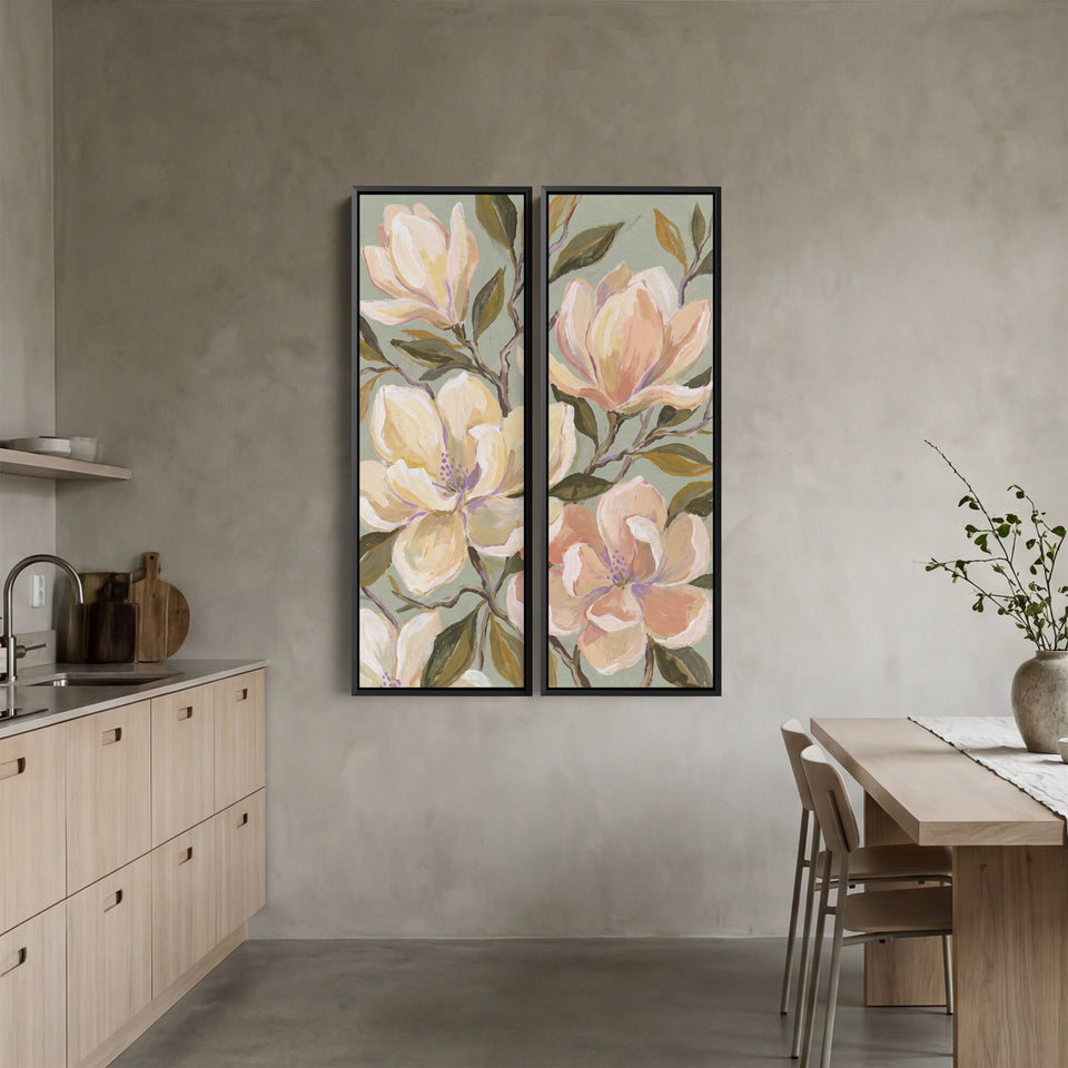 2-teiliges Wandbild mit Magnolienzweig und olivgrünen Blättern auf salbeigrünem Hintergrund
