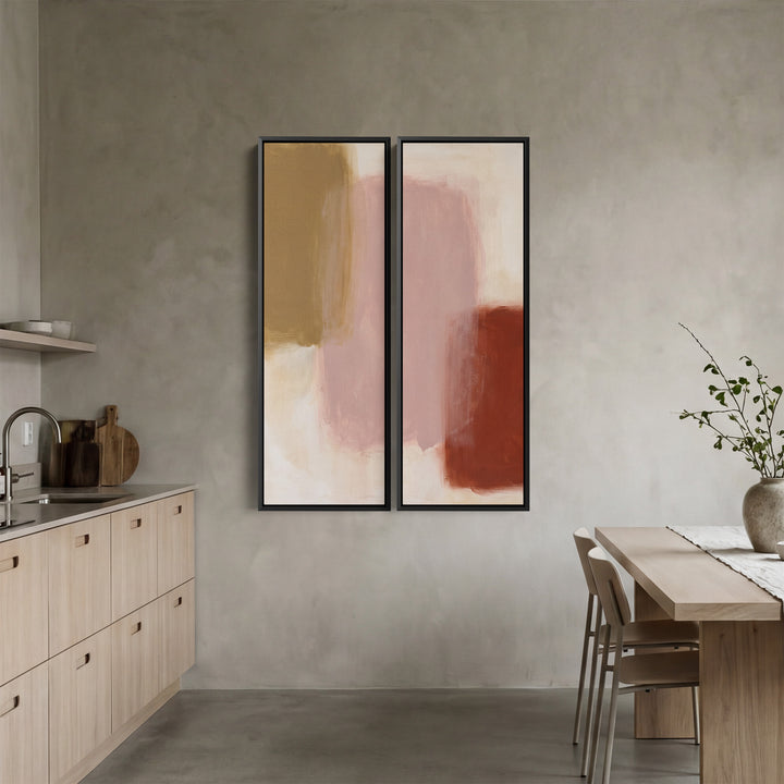 2-teiliges Wandbild mit roten, rosafarbenen und olivgrünen Streifen, Flurmotiv, abstrakte Farbstudie