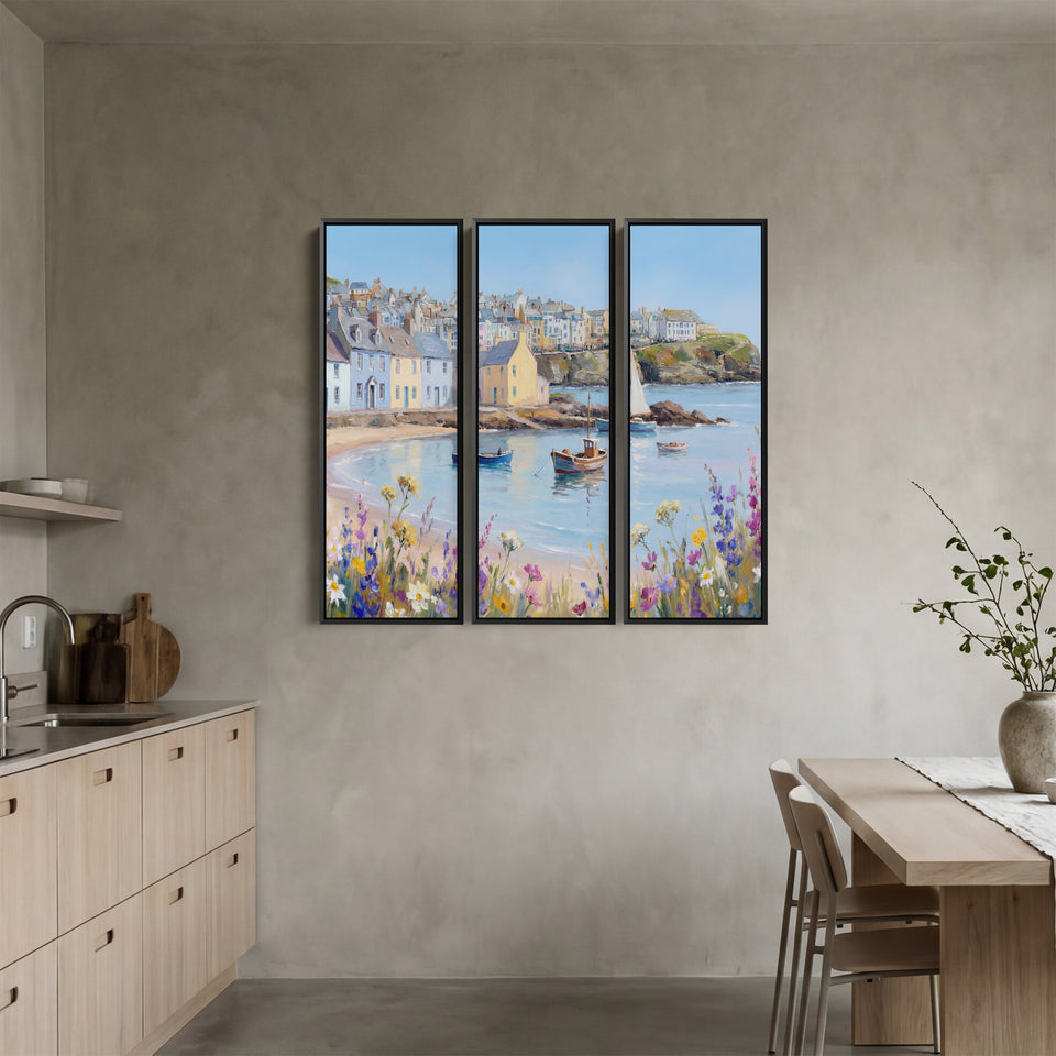 Coastal Harbour Village Triptych Wall Art for Living Room With Pastel Boats
