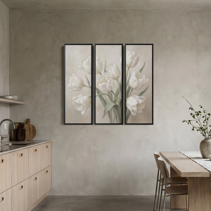 White Tulip Oversized Triptych Wall Art for Bedroom in Soft Neutral Tones