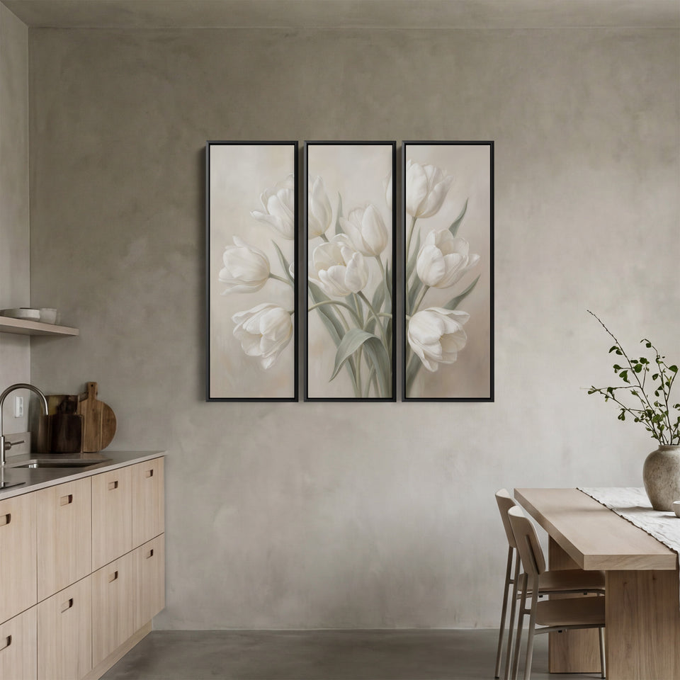 White Tulip Oversized Triptych Wall Art for Bedroom in Soft Neutral Tones