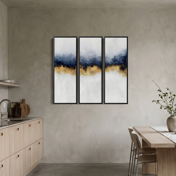 Blue And Gold Set of 3 Wall Art for Office With Abstract Horizontal Detail