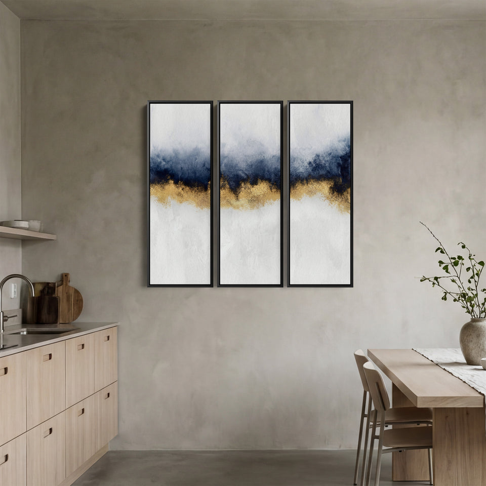 Blue And Gold Set of 3 Wall Art for Office With Abstract Horizontal Detail