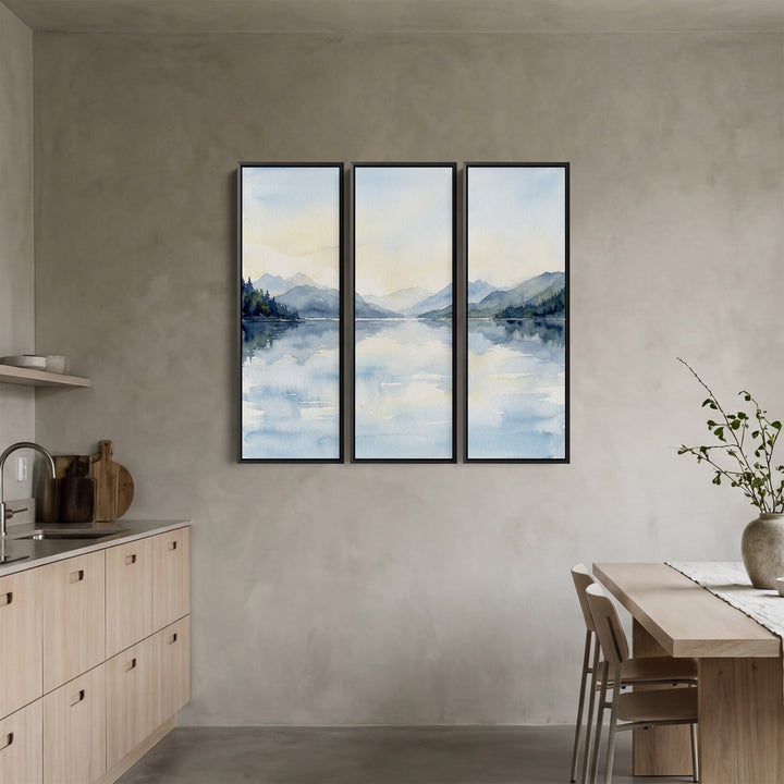 Misty Mountain Lake 3 Piece Wall Art Set for Hallway in Soft Blue Watercolor