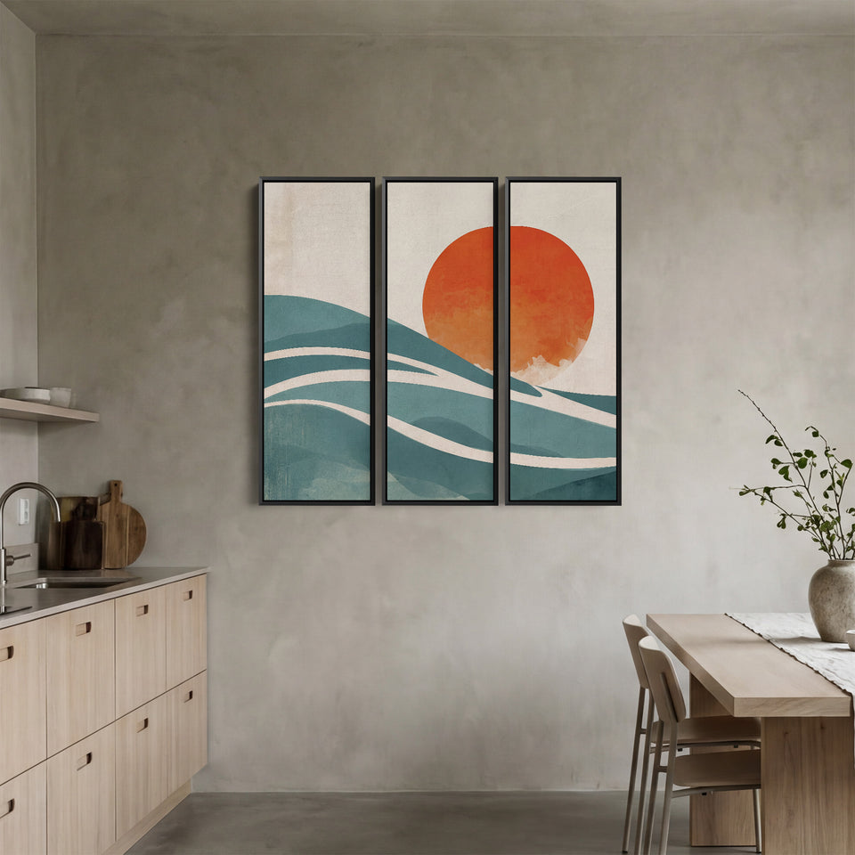 Abstract Sun Three Panel Wall Art for Dining Room With Orange And Blue Curves