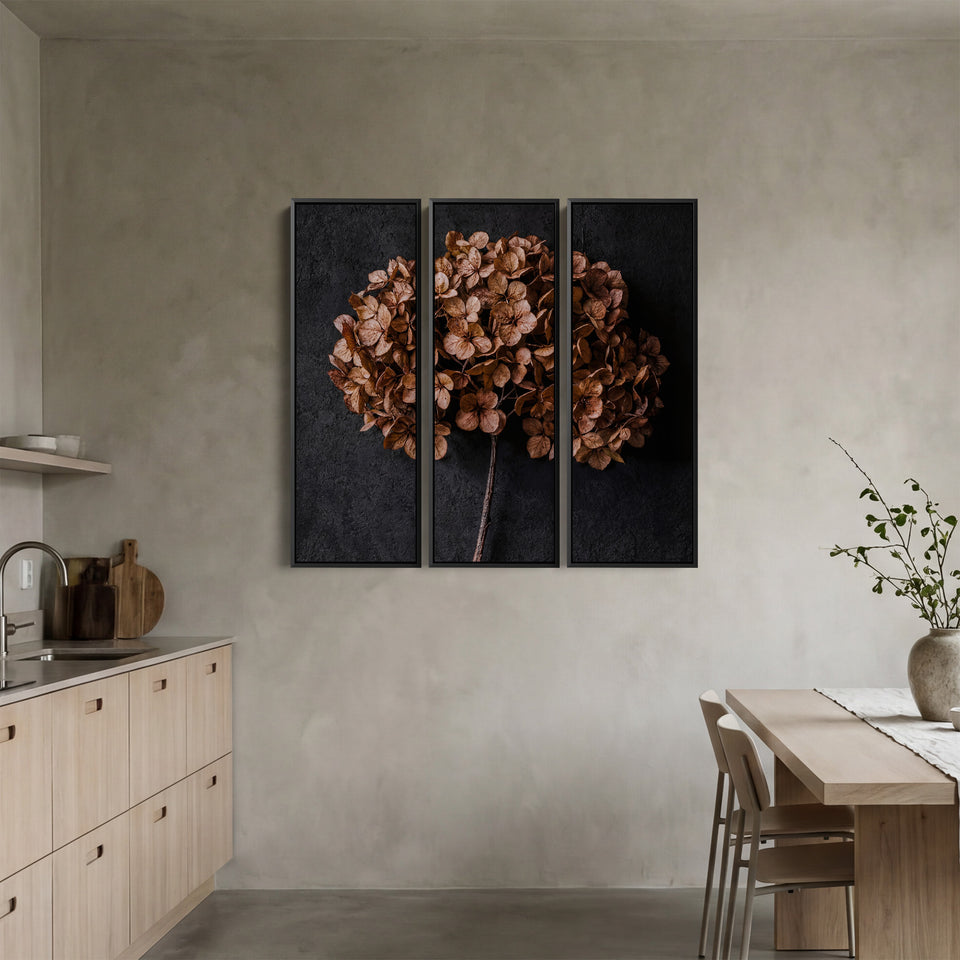 Dried Hydrangea Vertical Triptych Wall Art for Bedroom With Moody Floral Tones
