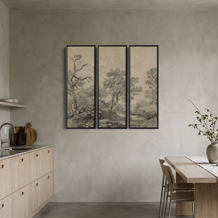 Vintage Countryside Large Triptych Wall Art for Office With Monochrome Trees