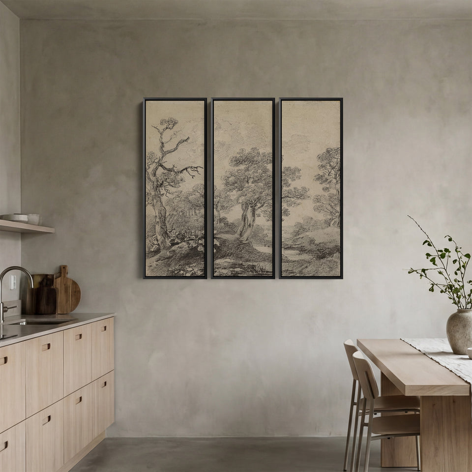 Vintage Countryside Large Triptych Wall Art for Office With Monochrome Trees