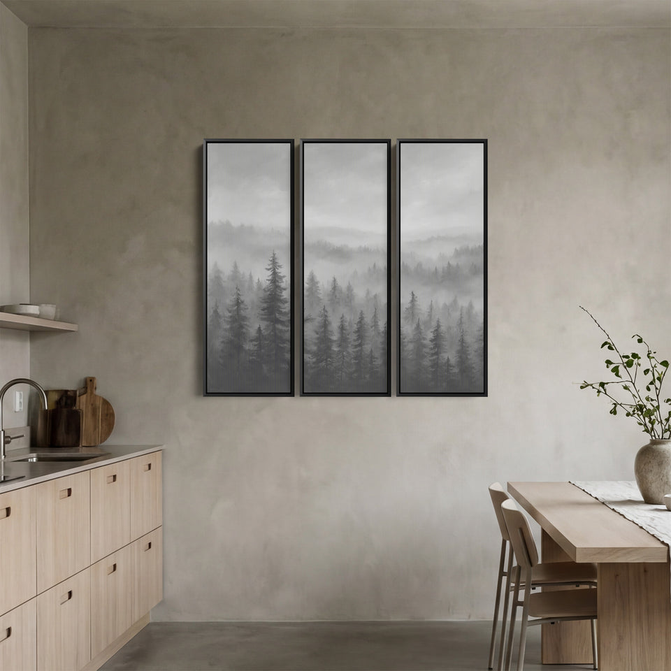 Triptych Wall Art Misty Pine Forest Landscape For Hallway Decor