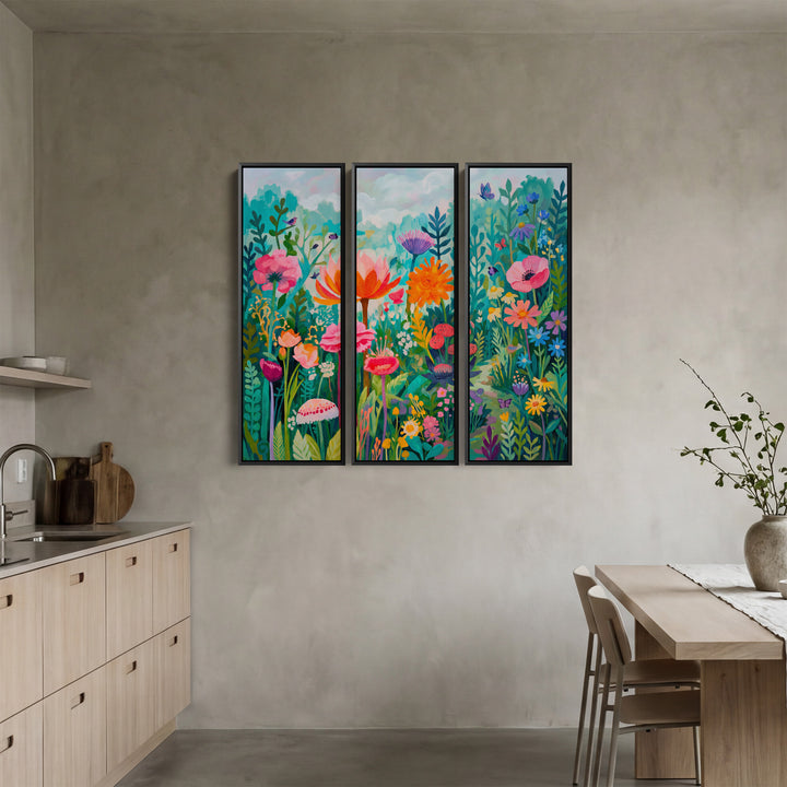Colourful Floral Garden Oversized Triptych Wall Art For Living Room