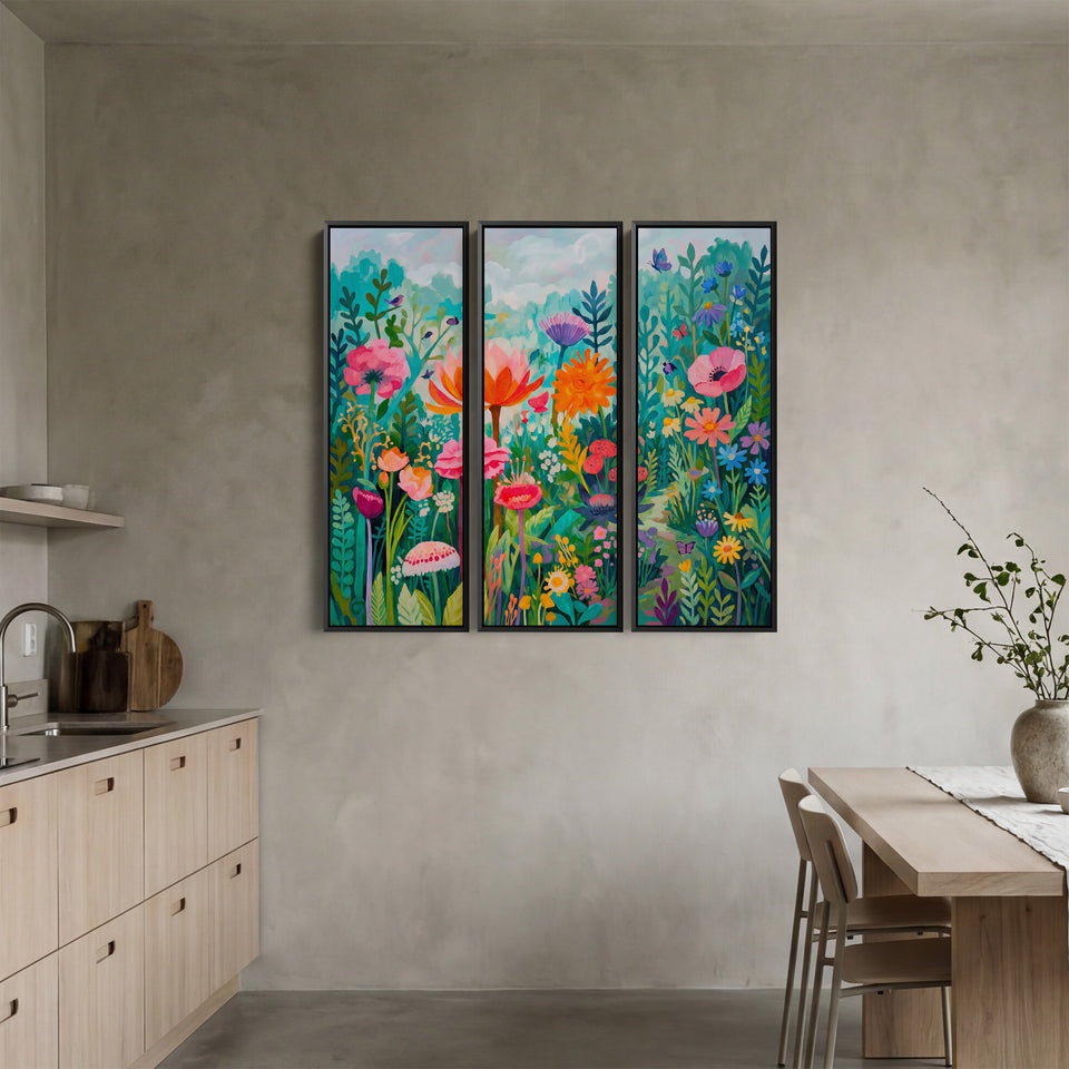 Colourful Floral Garden Oversized Triptych Wall Art For Living Room