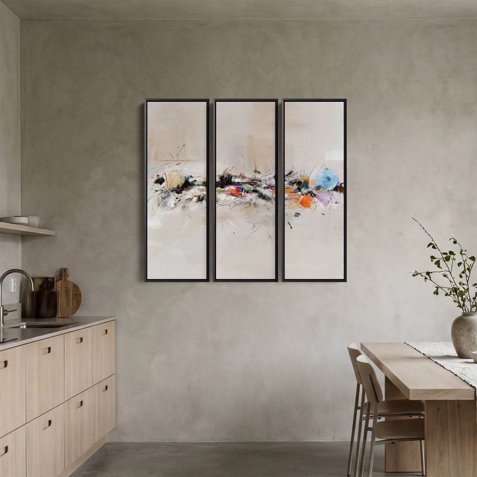 Three Panel Wall Art Abstract Brush Stroke Composition For Dining Room