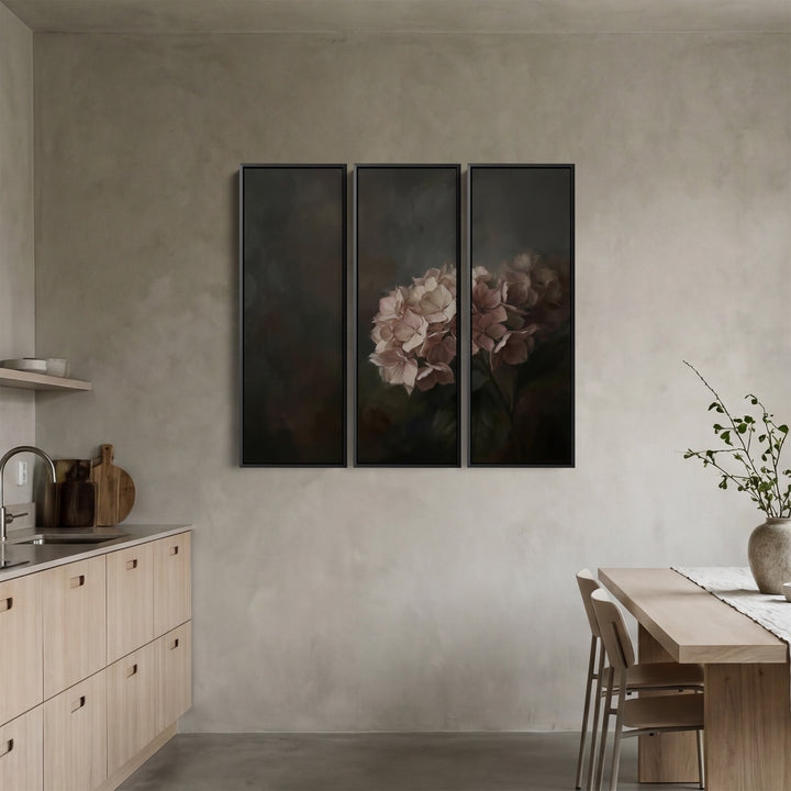 Moody Hydrangea Floral 3 Piece Wall Art Set For Dining Room