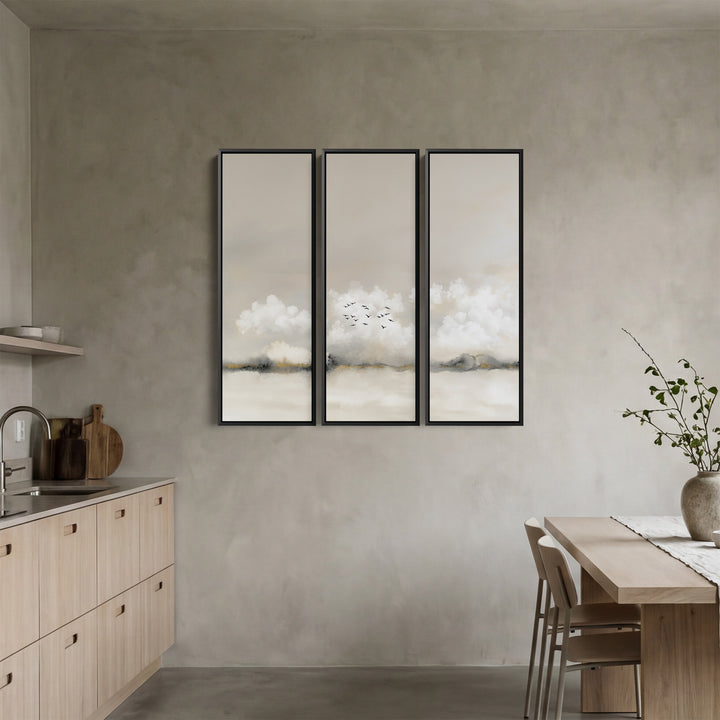 Misty Horizon Oversized Triptych Wall Art With Birds for Bedroom