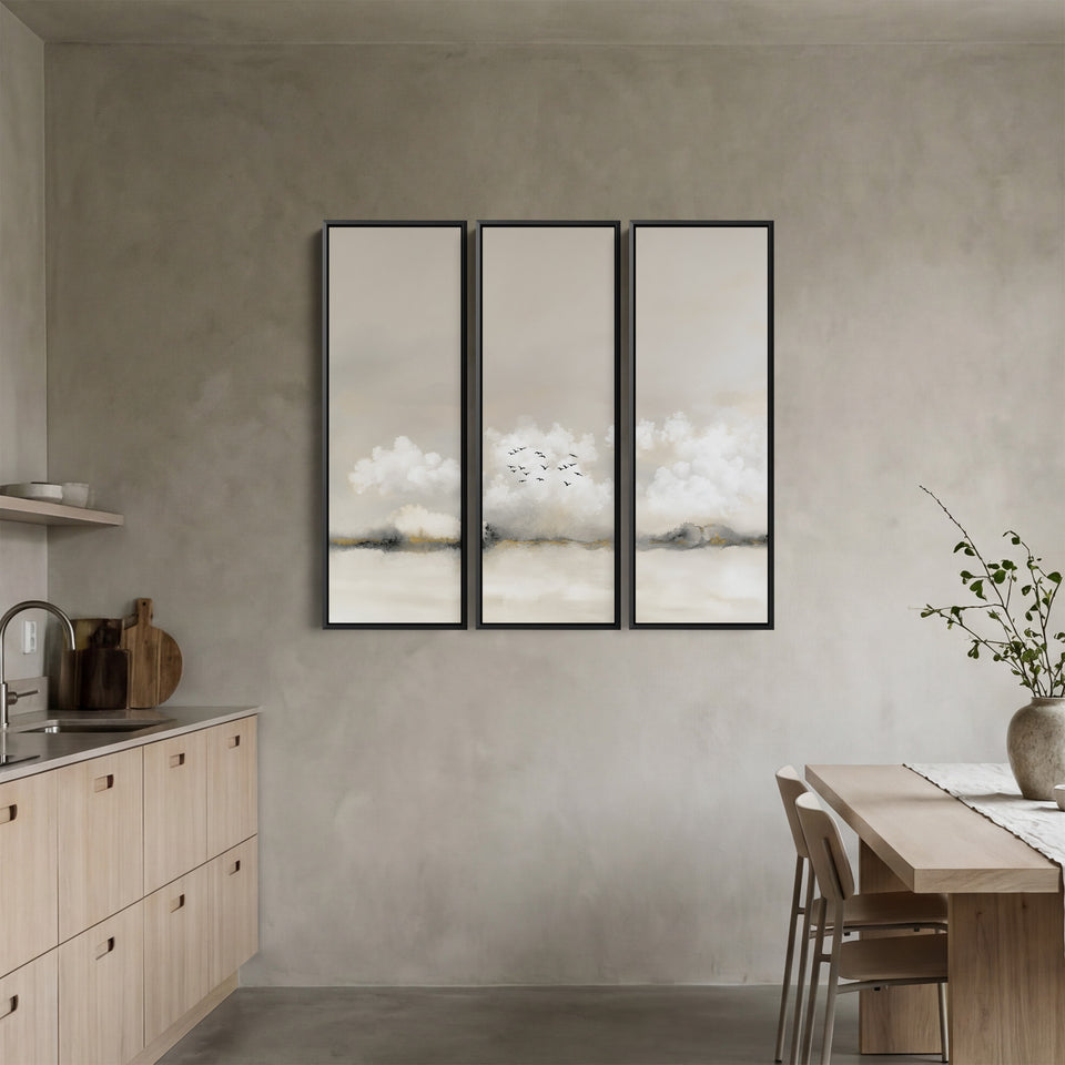 Misty Horizon Oversized Triptych Wall Art With Birds for Bedroom