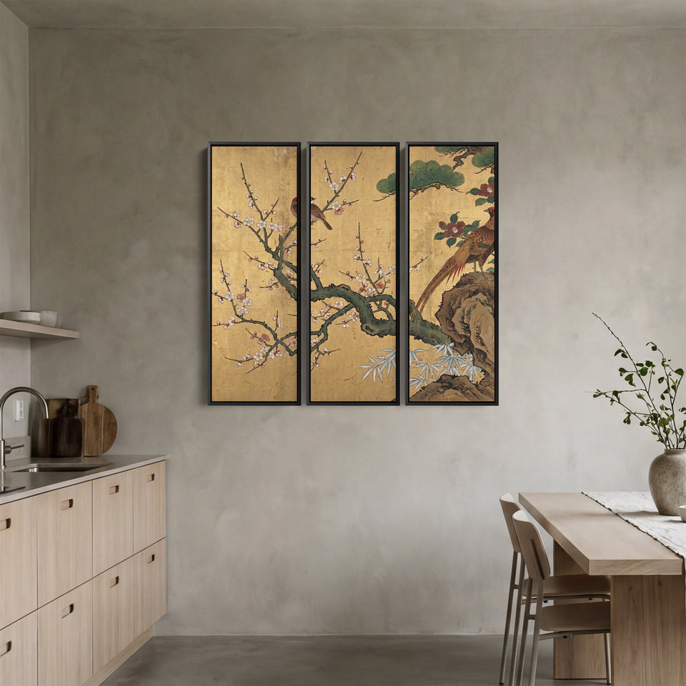 Japanese Oversized Canvas Wall Art Set Birds and Blossom for Dining Room